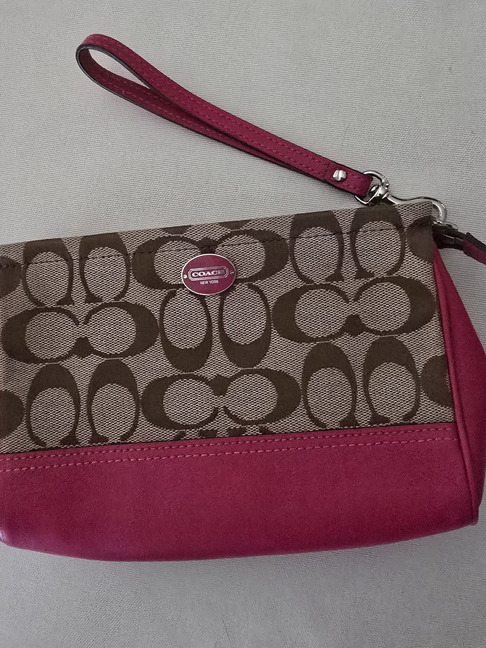 Coach Brown Signature Canvas Wristlet with Fuchsia Trim